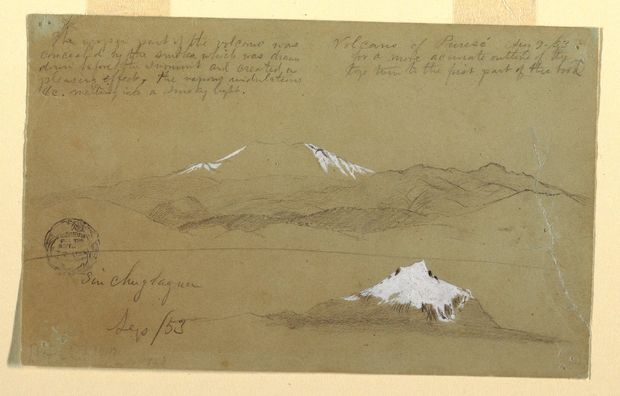 Dibujo, Vistas del volcán Puresé, Colombia y del monte Sincholagua, Ecuador, 9 de agosto y septiembre de 1853 de Frederic Edwin Church