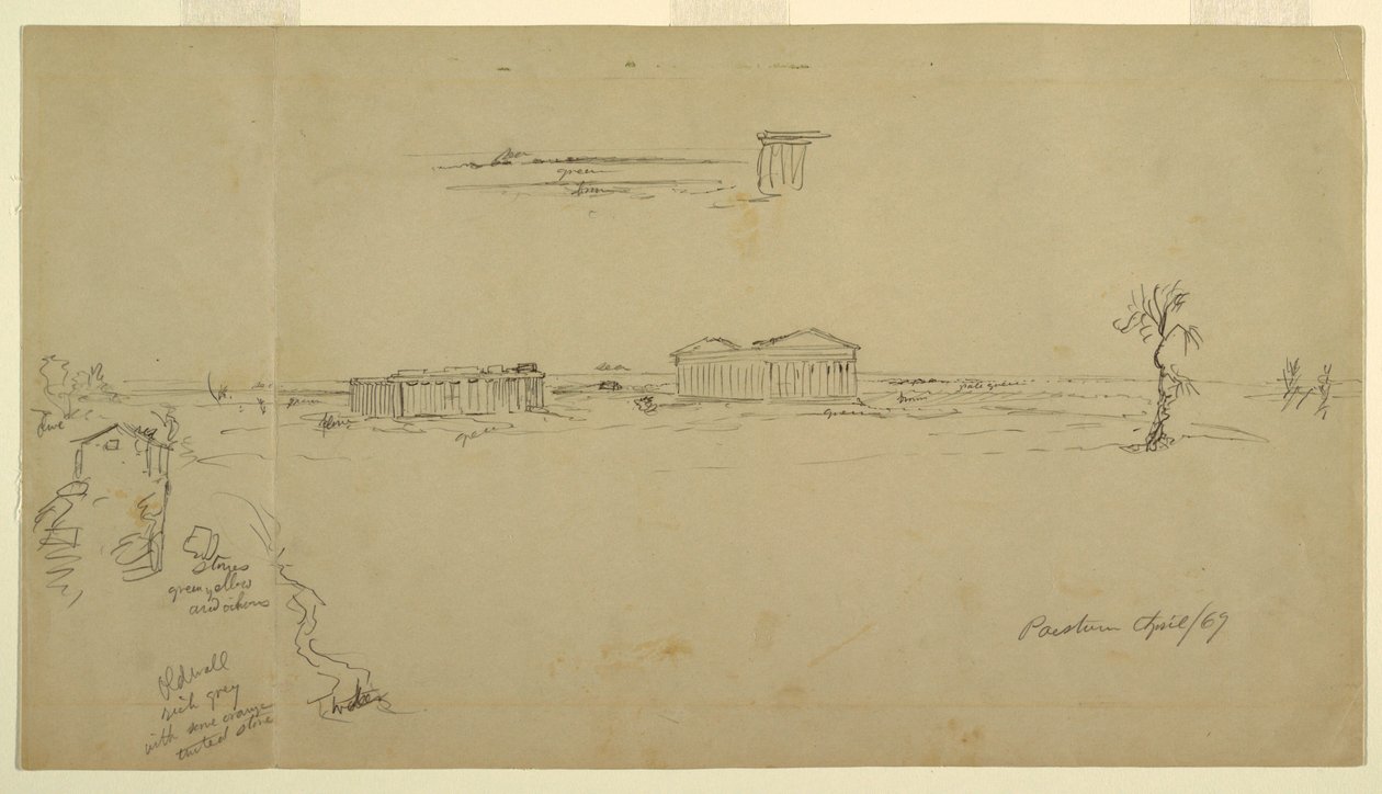 Dibujo, Vistas de la Basílica y el Templo de Neptuno, Paestum, Italia, abril de 1869 de Frederic Edwin Church