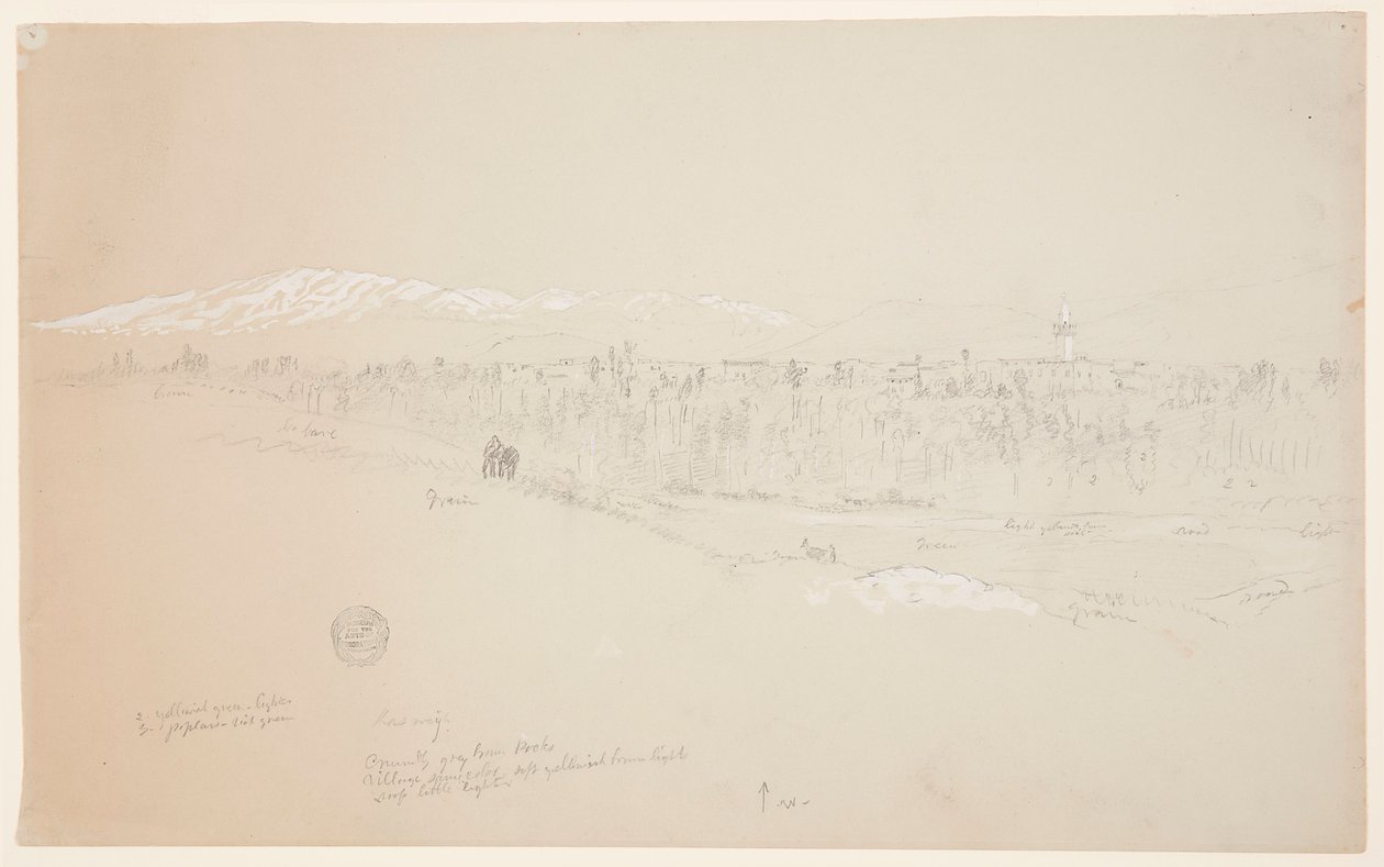 Dibujo, aldea de Kuseiyeh, Monte Líbano a lo lejos, mayo de 1868 de Frederic Edwin Church
