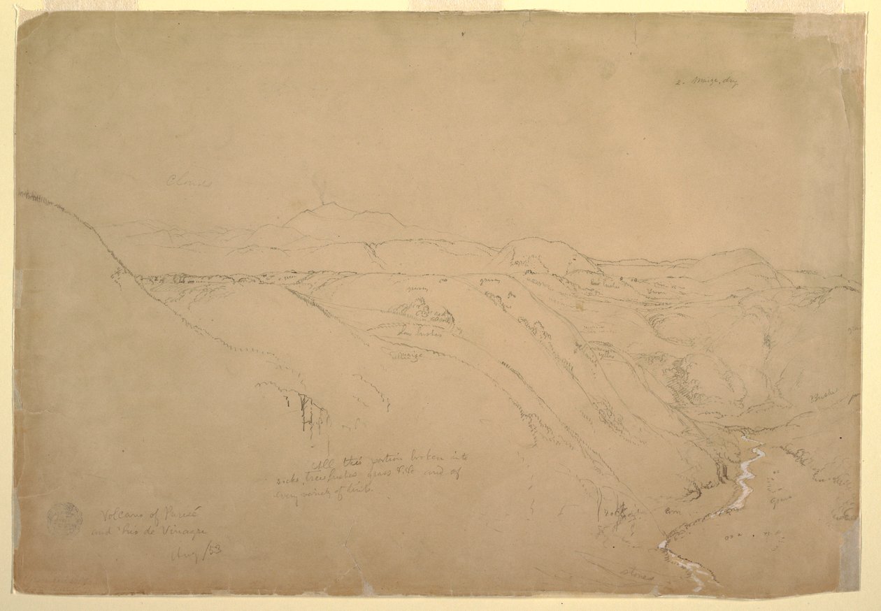 Dibujo, Volcán Puresé y el Río de Vinagre, Purese, Colombia, agosto de 1853 de Frederic Edwin Church
