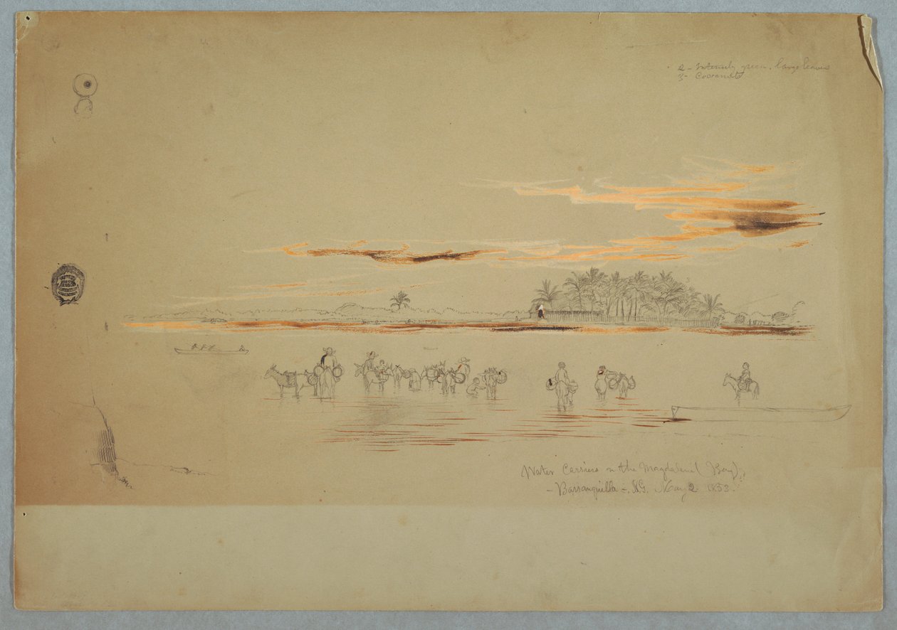 Dibujo, Aguadores en el Magdalena (Bahía), Barranquilla, República de Nueva Granada, hoy Colombia, 2 de mayo de 1853. de Frederic Edwin Church