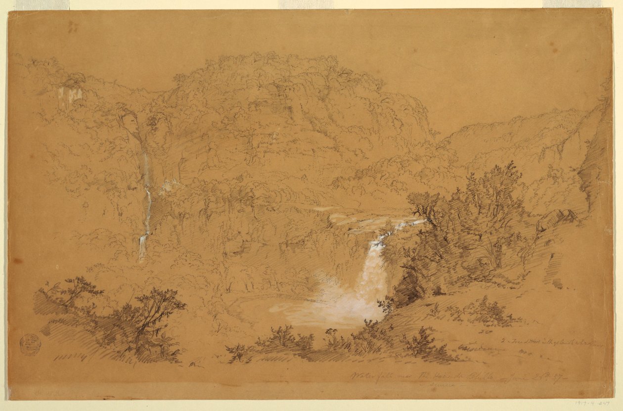 Dibujo, Cascadas cerca de la hacienda, Chillo, Ecuador, 26 de junio de 1857 de Frederic Edwin Church