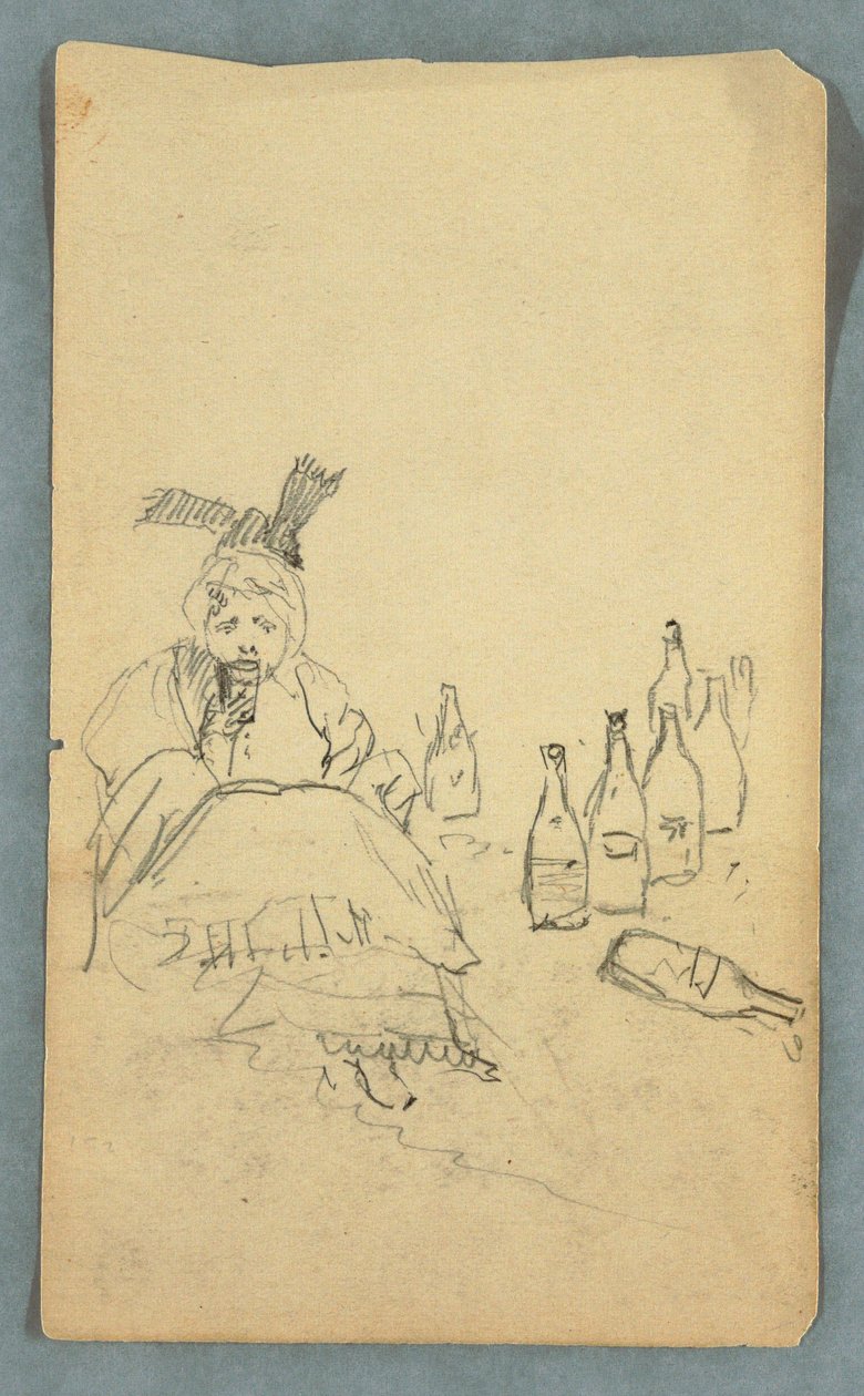 Dibujo, Mujer bebiendo, botellas de vino, anverso; Lista de la compra para escalar el monte Katahdin, reverso, ¿otoño de 1878 de Frederic Edwin Church