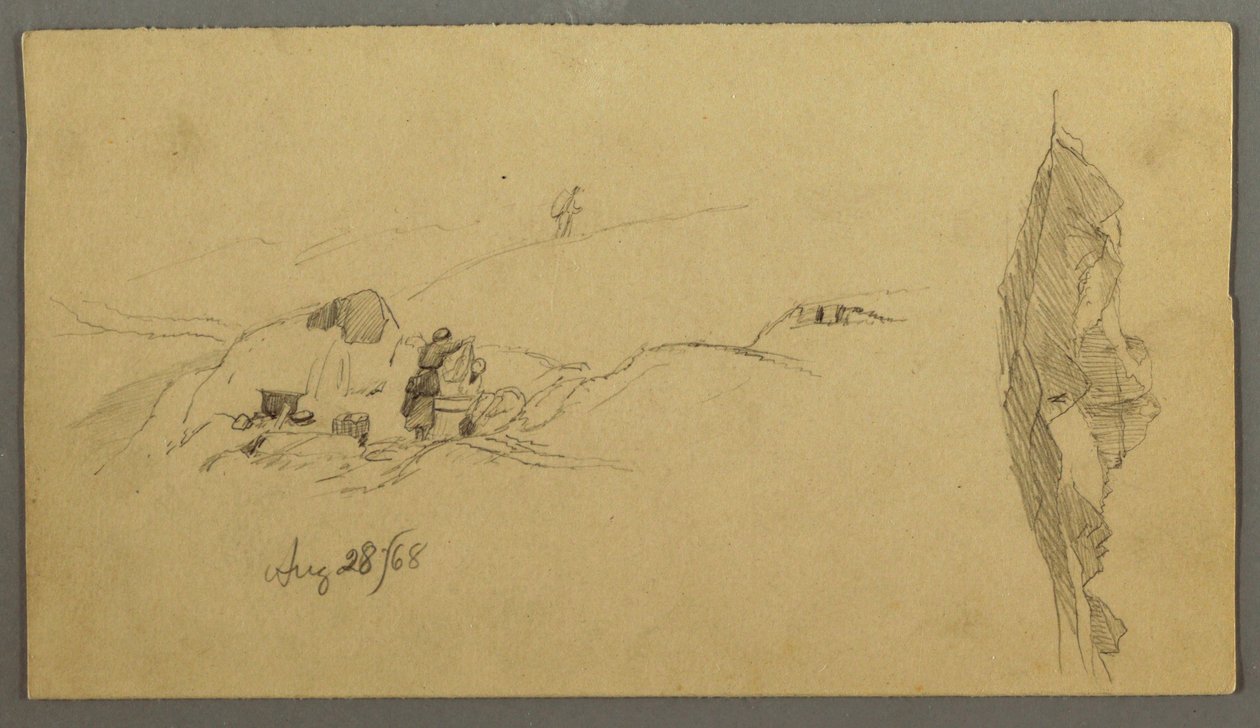 Dibujo, Mujeres lavándose en un abrevadero, Montañas, 28 de agosto de 1868 de Frederic Edwin Church