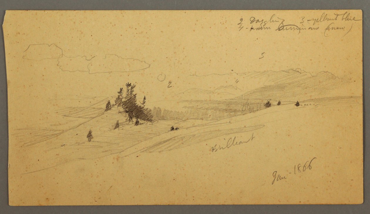 Dibujo, Colina boscosa, Valle montañoso, Sol, enero de 1866 de Frederic Edwin Church