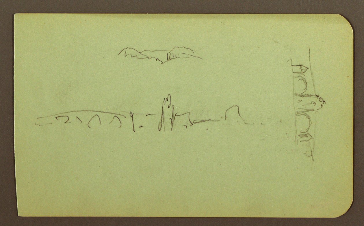 Dibujo, colinas, iglesia, puente; Verso: figura, cruz, iglesia, 1883 de Frederic Edwin Church