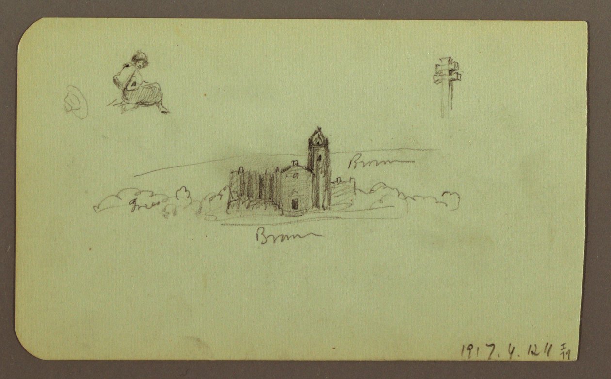 Dibujo, colinas, iglesia, puente; Verso: figura, cruz, iglesia, 1883 de Frederic Edwin Church
