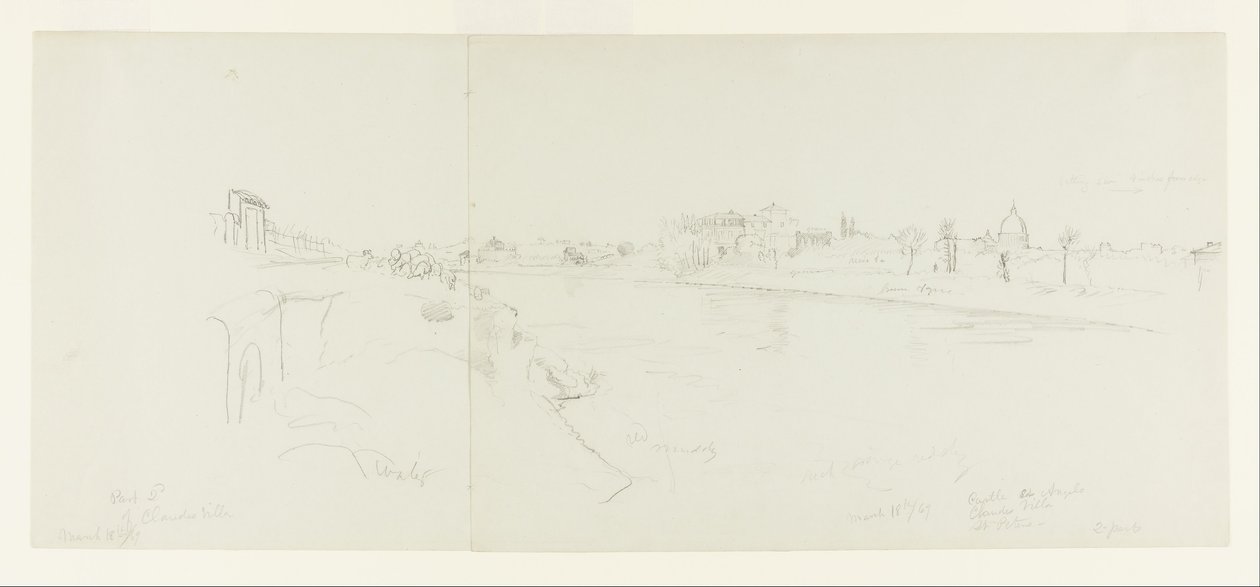 Vista panorámica de Roma desde las orillas del río Tíber, con vistas lejanas del Castillo de Sant Angelo, la Villa de Claudio y la Basílica de San Pedro, Parte 1 de Frederic Edwin Church