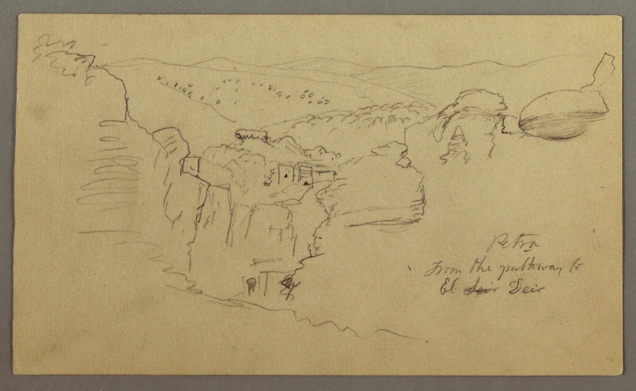 Boceto. Vista de Khirbet en Wasara "Petra / desde el camino a / El Deir" de Frederic Edwin Church