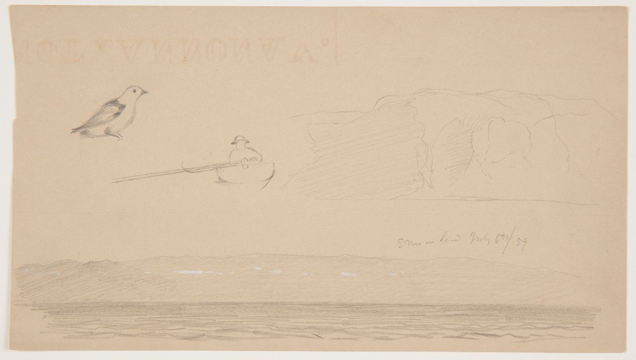 Bocetos de Labrador de nieve en tierra, hombre en bote y pájaro de Frederic Edwin Church