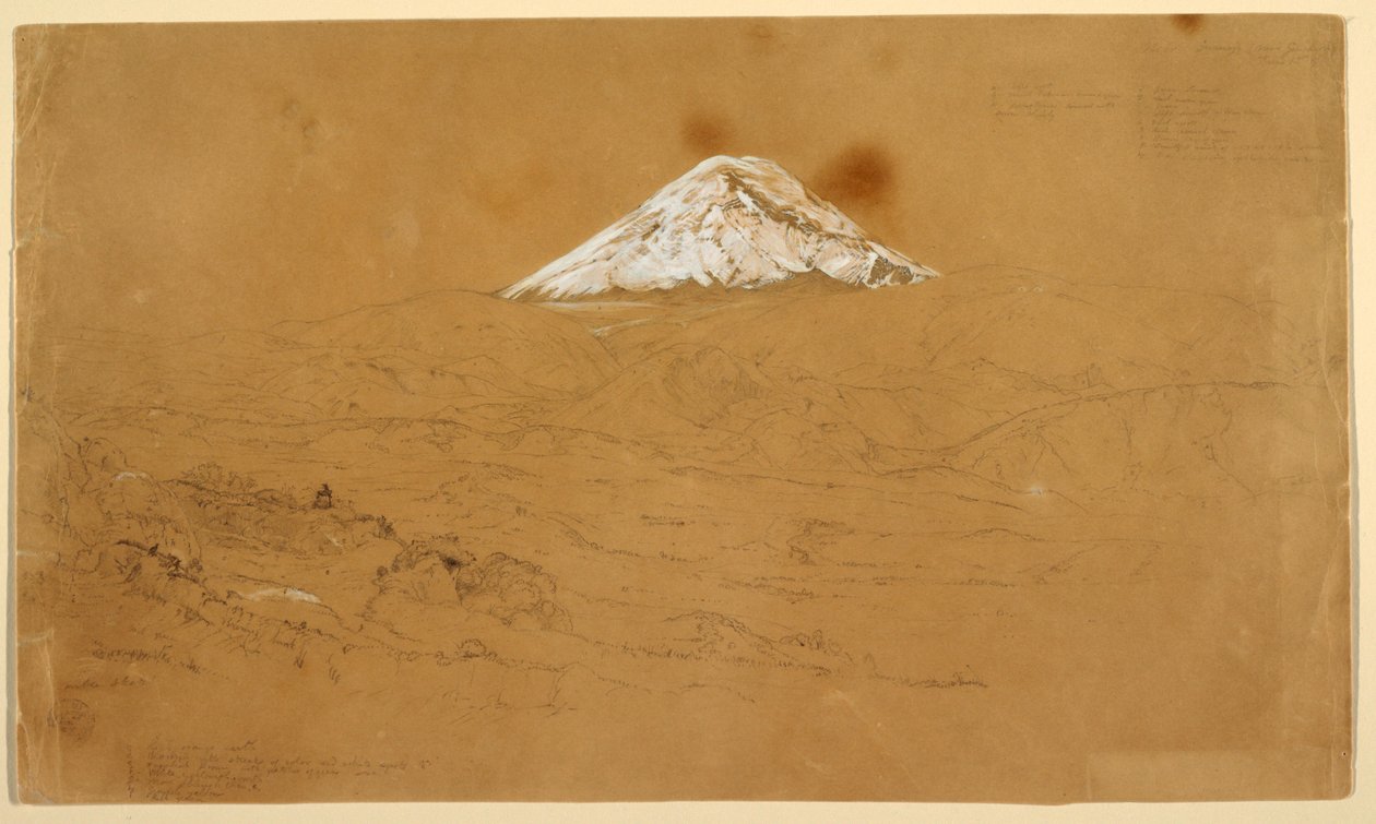 Vista del Monte Chimborazo cubierto de nieve dibujado cerca de Guanojo y Guaranda, Ecuador de Frederic Edwin Church