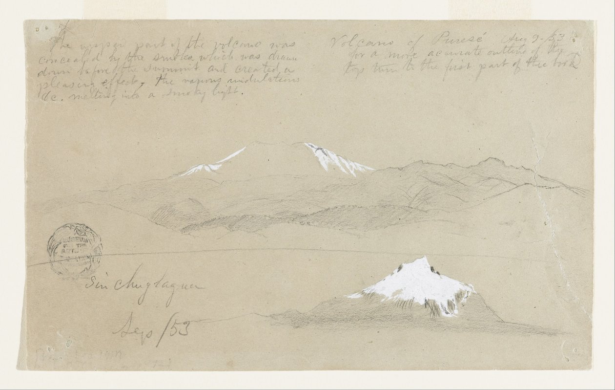 Vistas del volcán Puresé (Colombia) y del monte Sincholagua (Ecuador) de Frederic Edwin Church