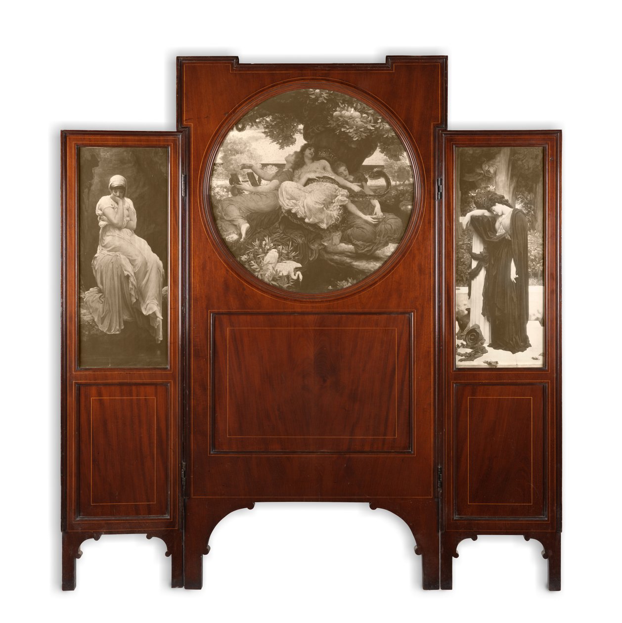 Biombo de caoba de tres pliegues con incrustaciones de impresión de Frederic Leighton