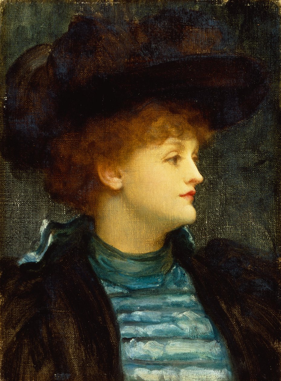 Retrato de mujer con vestido turquesa con abrigo negro y sombrero (óleo sobre lienzo) de Frederic Leighton