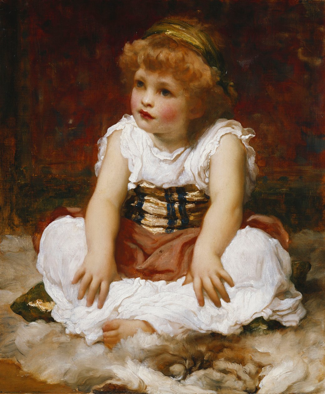 Retrato de una niña sentada en una alfombra de Frederic Leighton