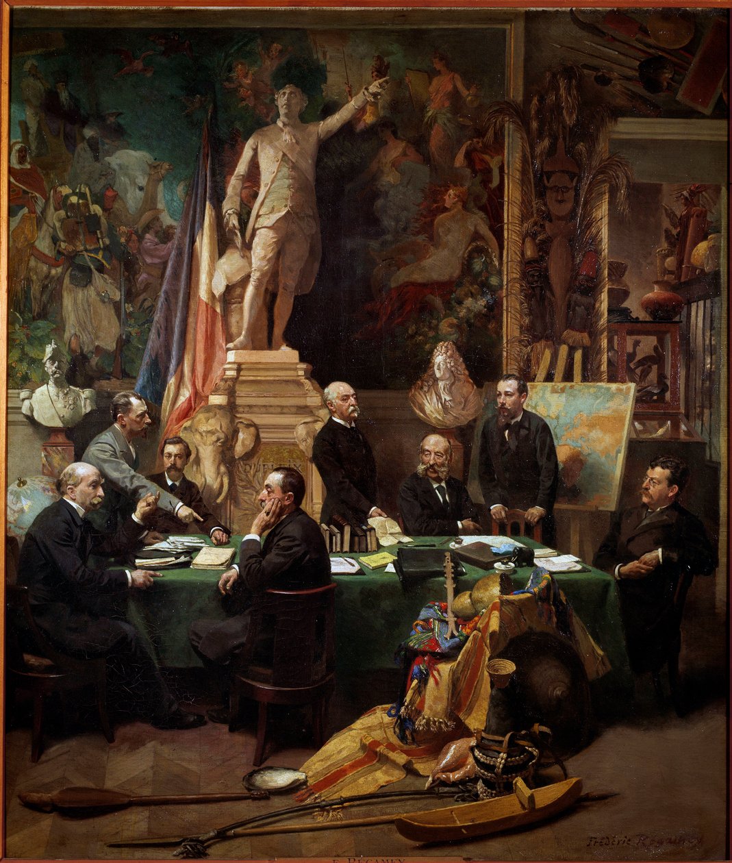 Los Delegados de las Colonias en noviembre de 1892 De izquierda a derecha: Chesse (Tahiti), Mager (Diego Suares), Dussac (Nossy-Be), de Faymoreau (Mayotte), Jules Ferry (Annam y Tonkin), Soller (Guinea Francesa), Cudenet (Nueva Caledonia). Pintura de Frédé de Frederic Regamey
