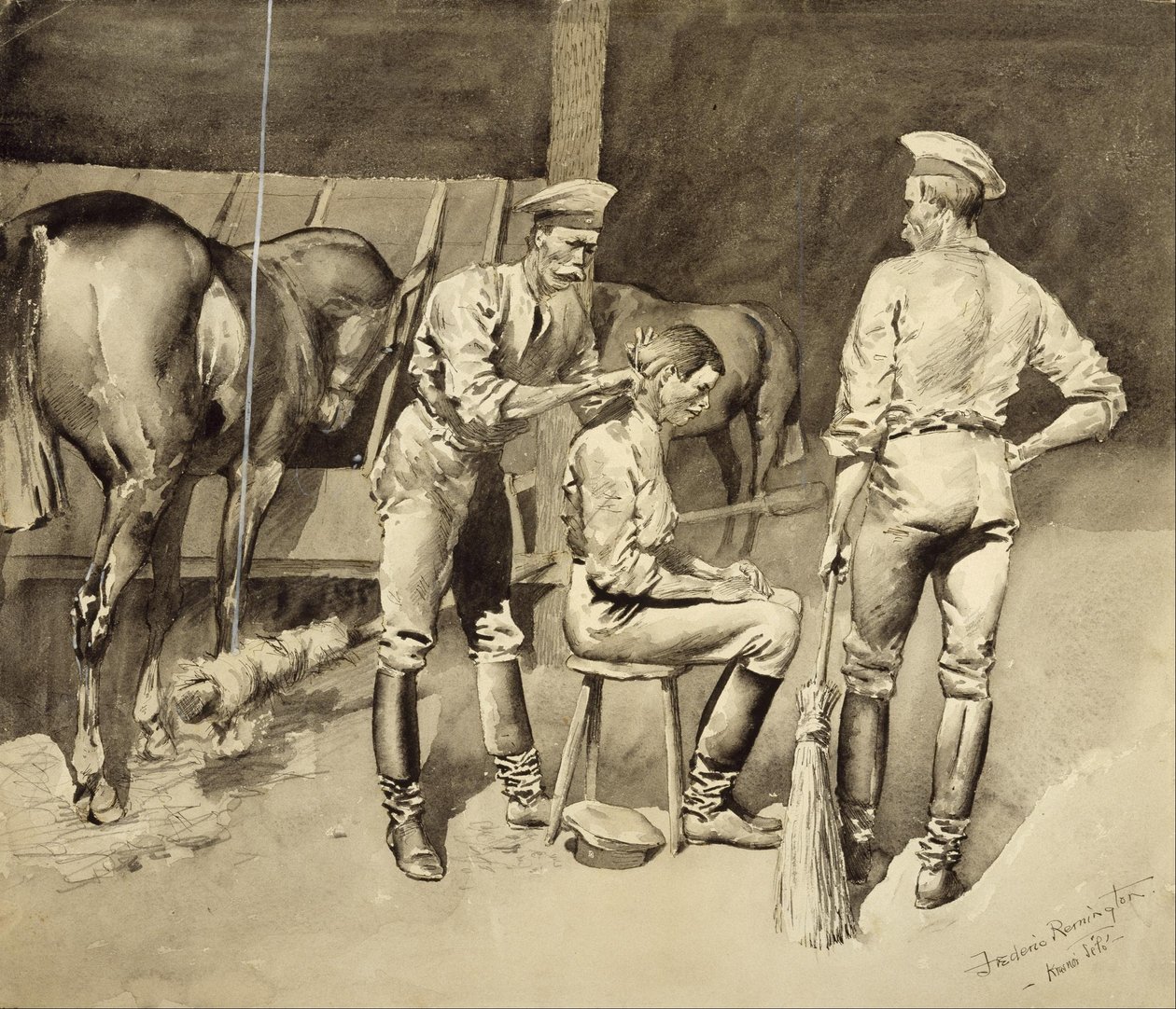 Un corte de pelo en un establo de caballería de Frederic Remington