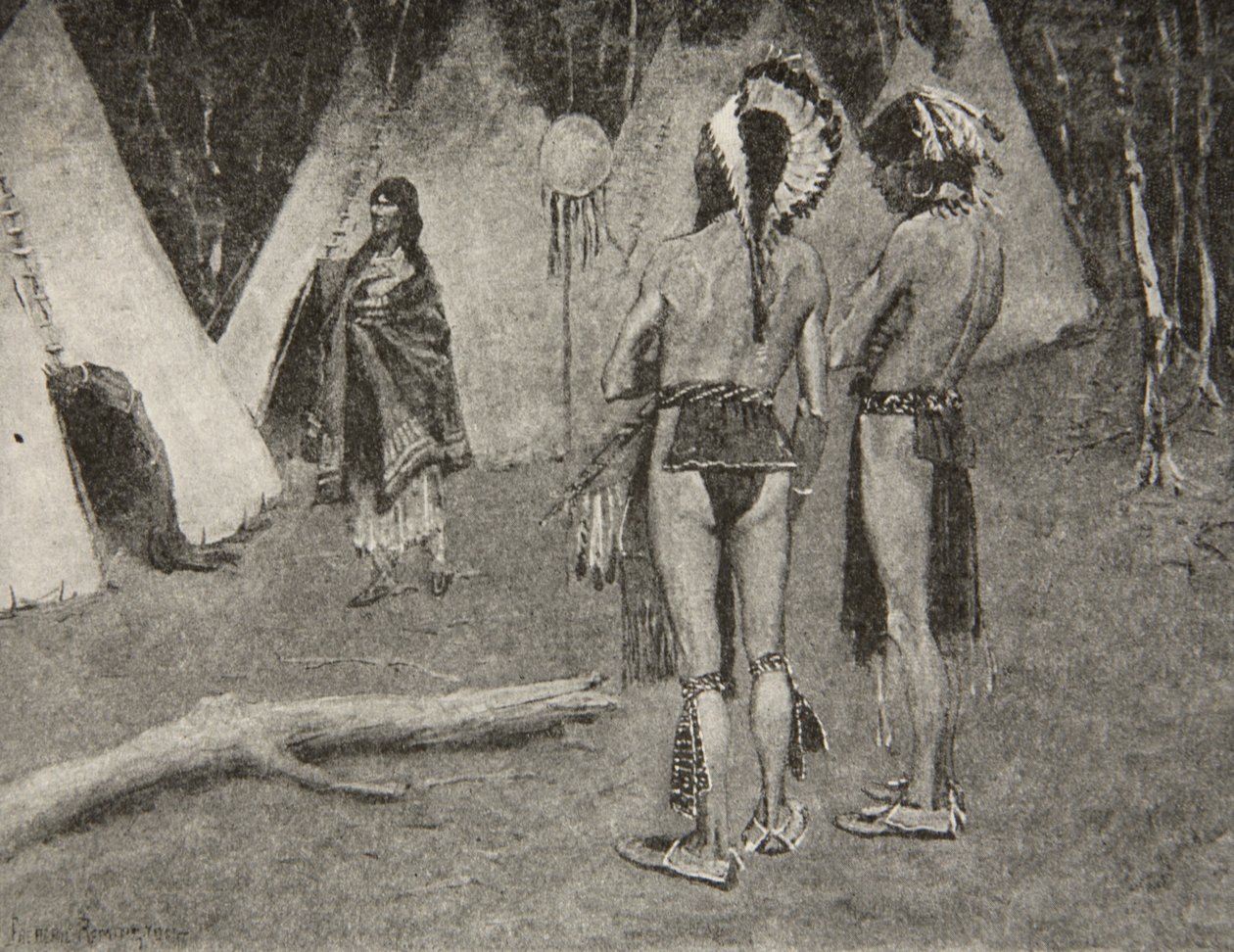 Y sus amantes, los rechazados,... Hombres guapos con pintura y plumas, de La canción de Hiawatha de Henry Wadsworth Longfellow, pub. por George G. Harrap und Company Ltd., 1911 de Frederic Remington