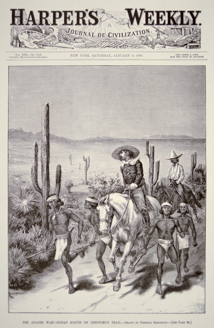 Exploradores Apaches lideran una patrulla del ejército en persecución de Geronimo (1829-1909) de 