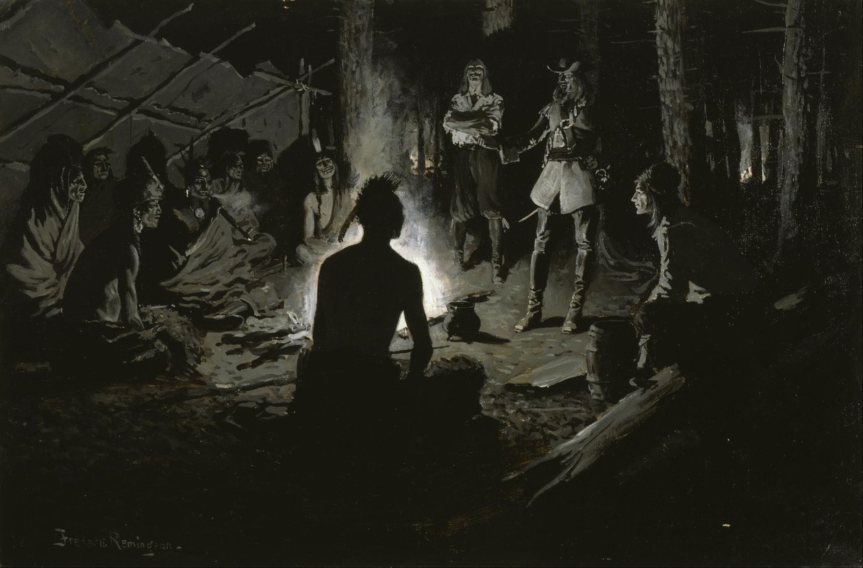 Consejo de exploradores franceses con los indios de Frederic Remington