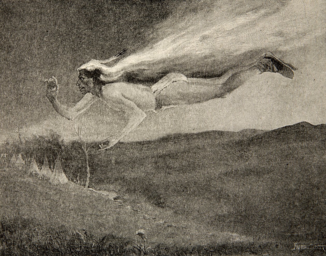 Brillaba como Ishkoodah, el cometa, Como la estrella con cabellos de fuego, de La Canción de Hiawatha de Henry Wadsworth Longfellow (1807-82), pub. por George G. Harrap y Compañía Ltd., 1911 de Frederic Remington