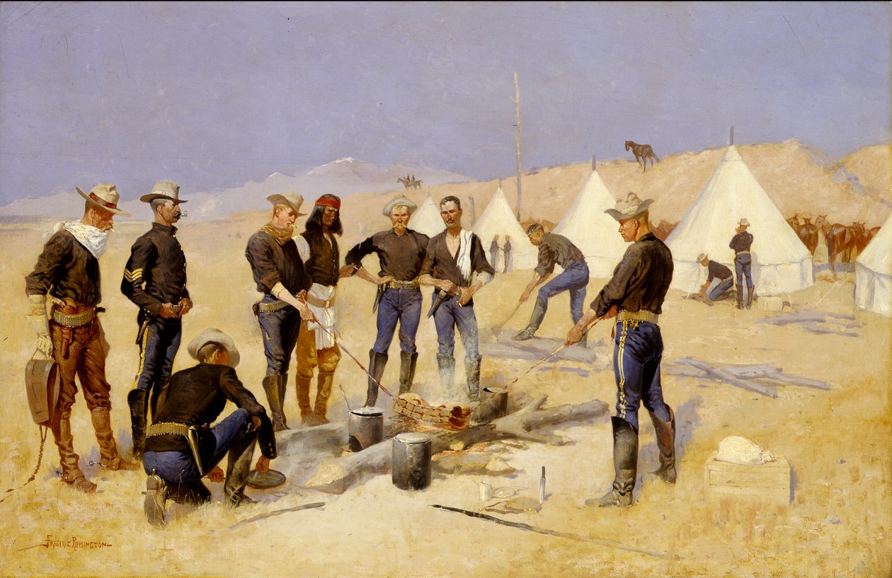 Asar la ternera de Navidad en un campamento de caballería de Frederic Remington