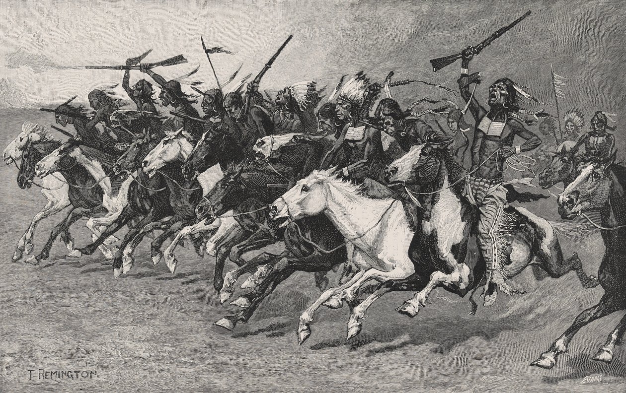 La carga en el poste del sol de Frederic Remington
