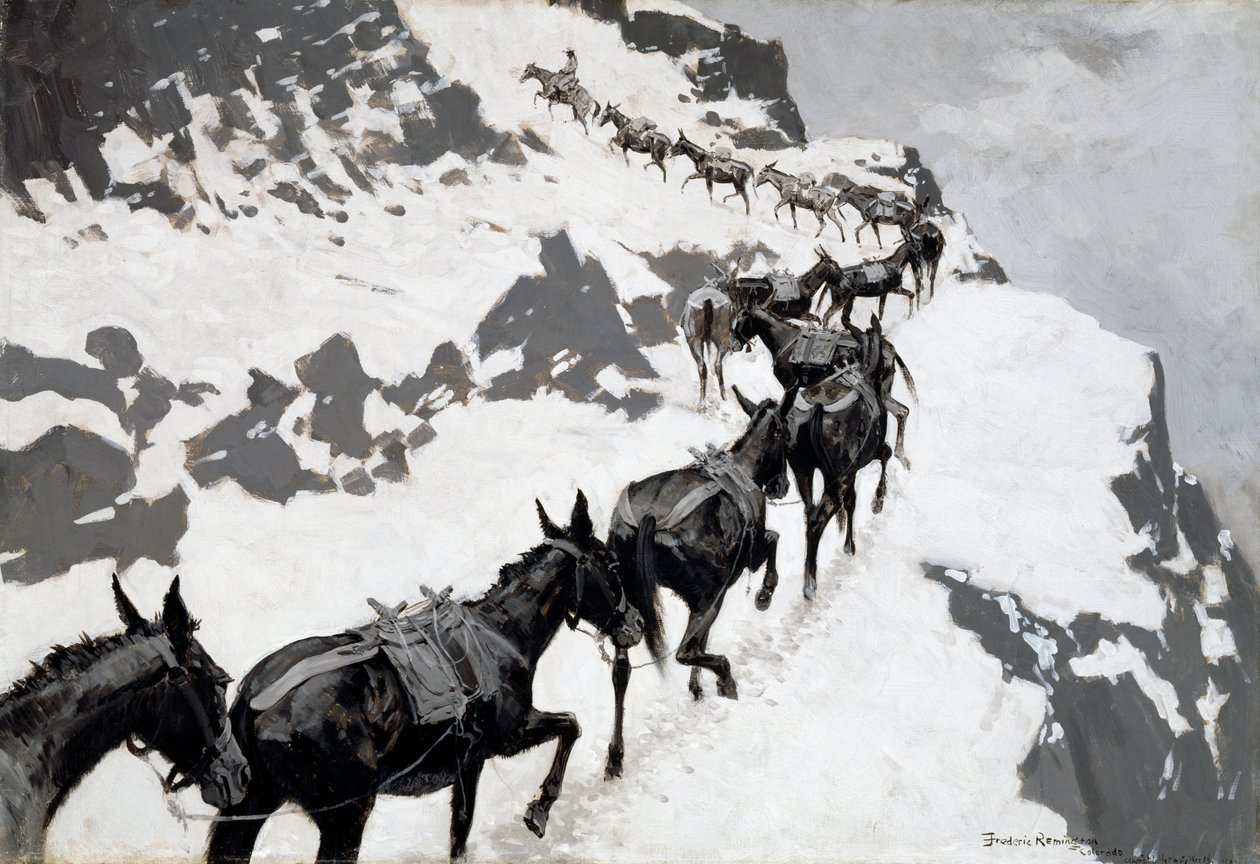 La mula de carga (Un tren de mineral entrando en las minas de plata, Colorado) 1901 de Frederic Remington
