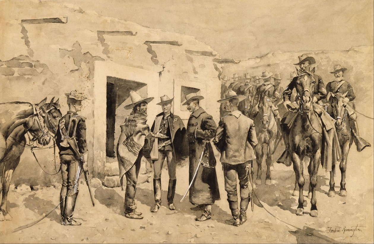 La caballería estadounidense persigue a los hombres de Garza en el Río Grande de Frederic Remington