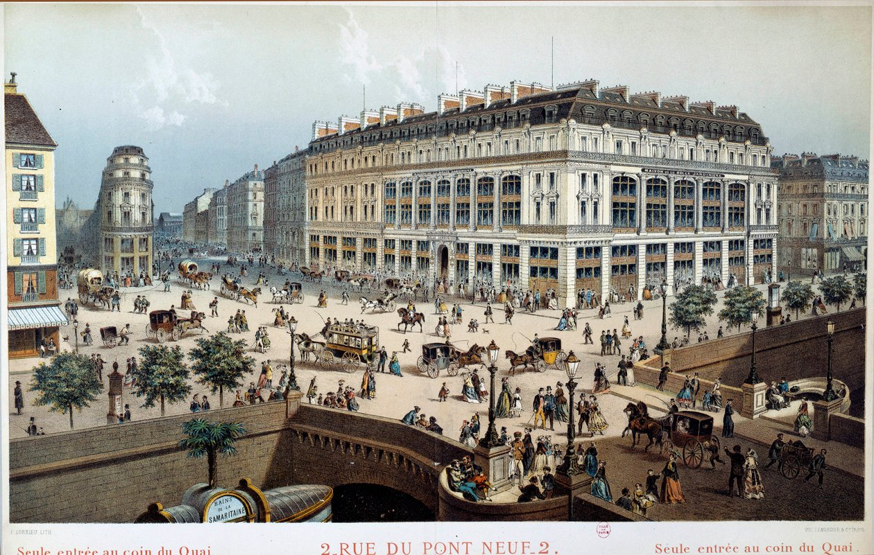Vista exterior de La Belle Jardiniere, rue du pont neuf en París en el siglo XIX. Grabado de Frederic Sorrieu de Frederic Sorrieu