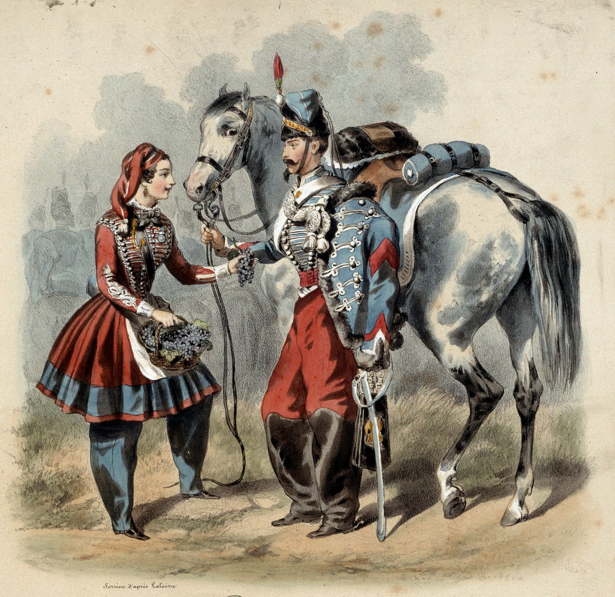 El ejército francés y sus cantineras: Húsar y cantinera de tropa de línea de Frederic Sorrieu