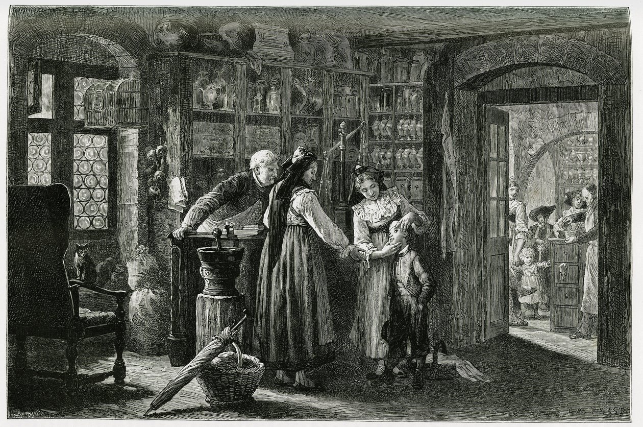 En la farmacia del pueblo de Kaysersberg (o Kaisersberg, Alsacia), una consulta de emergencia. Grabado por F. Lix, para ilustrar la historia “Through Alsace and Lorraine”, en 1884, por Charles Grad (1842-1890), diputado, escritor y naturalista alemán. de Frederic Theodore Lix