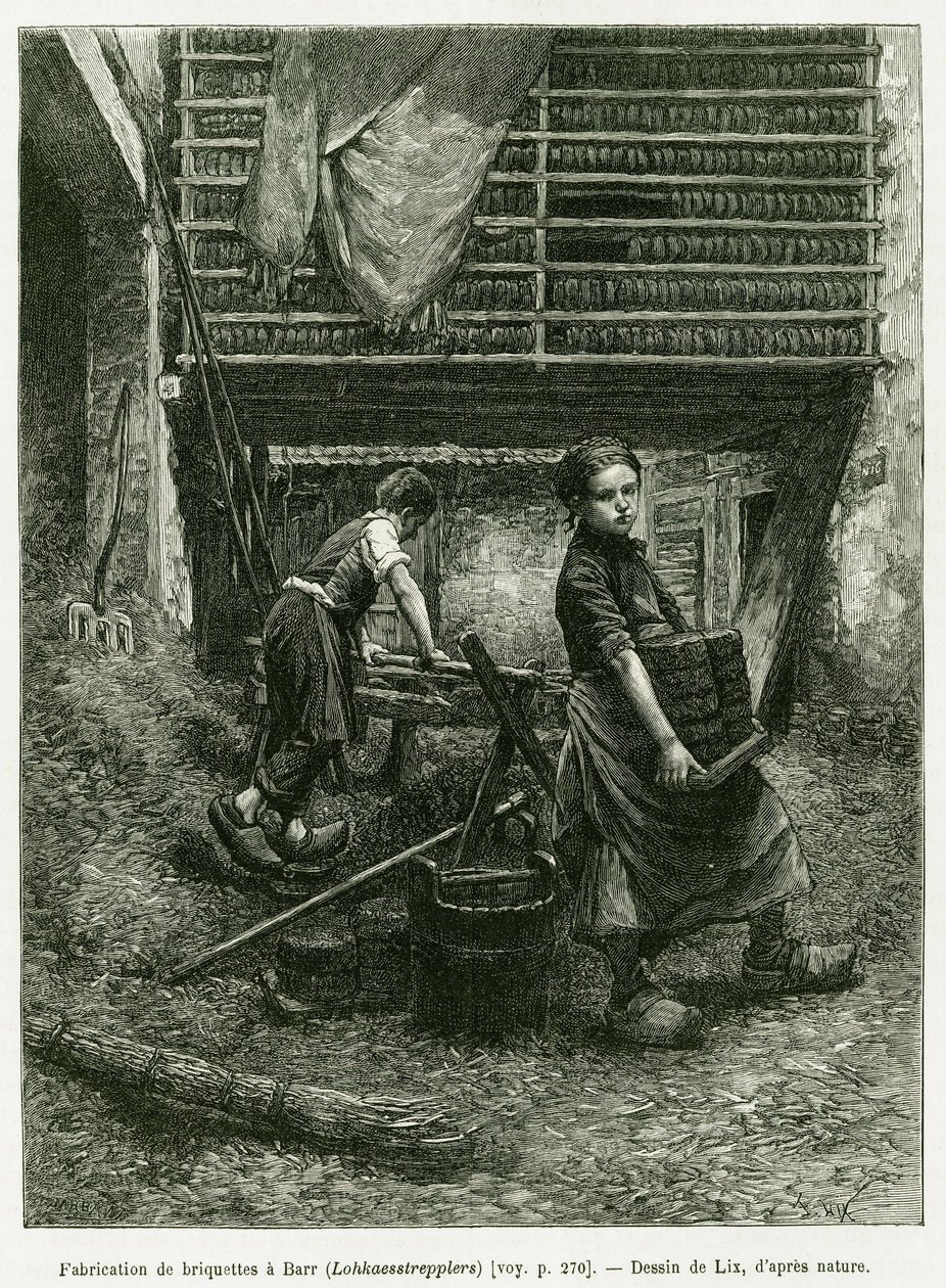 Trabajo infantil en la fabricación de briquetas, Barr. Grabado por Lix, para ilustrar la historia A través de Alsacia y Lorena, en 1887, por Charles Grad, diputado alemán, en le tour du monde 1888, dirigido por Edouard Charton (1807-1890), Hachette, París. de Frederic Theodore Lix