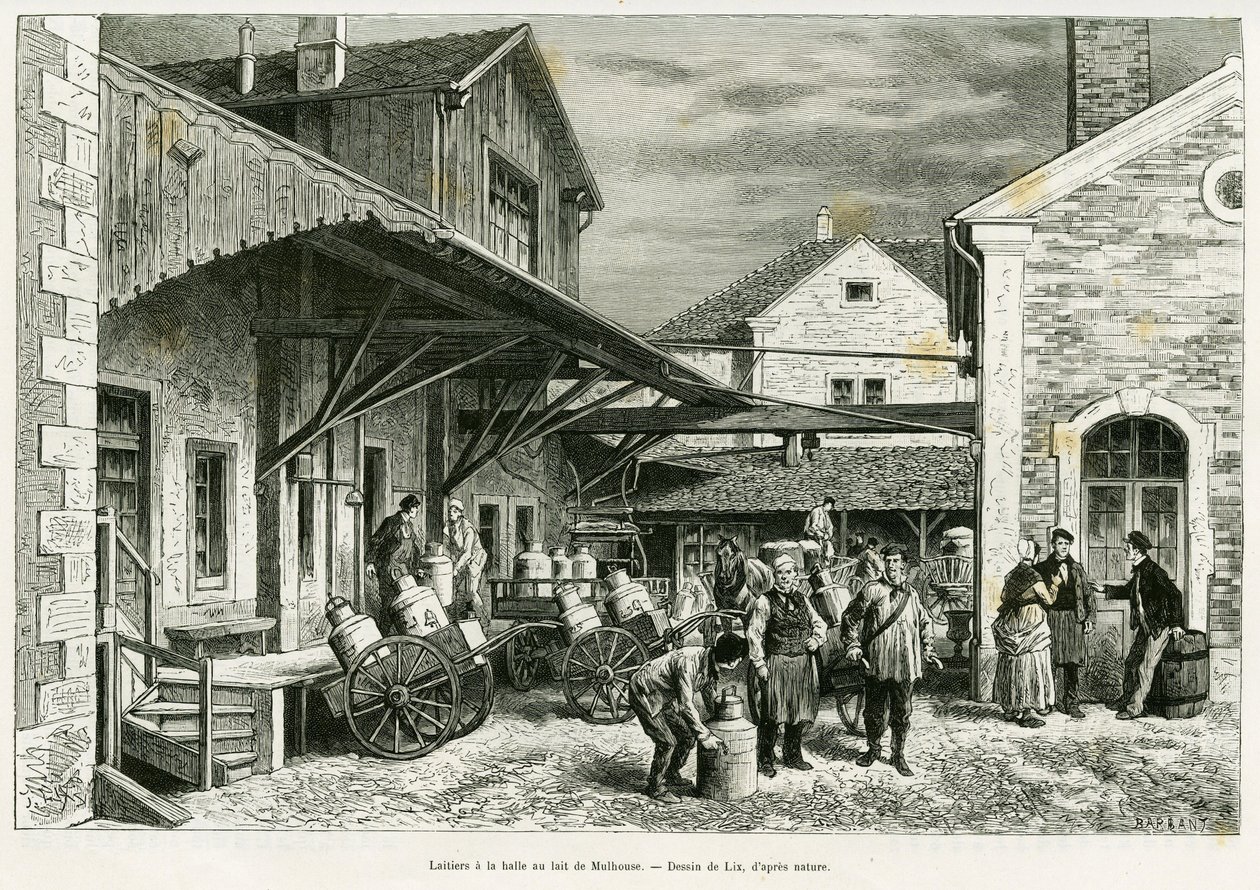 Lechería en el Salón de la Leche de Mulhouse. Grabado de Lix para ilustrar la historia A través de Alsacia y Lorena, por Charles Grad, diputado alemán, en 1885, en Le Tour du monde 1887, bajo la dirección de Edouard Charton (1807-1890), Hachette, París. de Frederic Theodore Lix