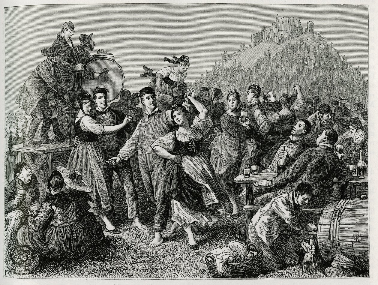 Fiesta de los pastores en el Hohneck (Vosgos), domingo después de San Juan. Grabado de F. Lix, para ilustrar la historia "A través de Alsacia y Lorena" en 1884, por Charles Grad (1842-1890), diputado alemán, escritor y naturalista. Publicado en Le Tour du  de Frederic Theodore Lix