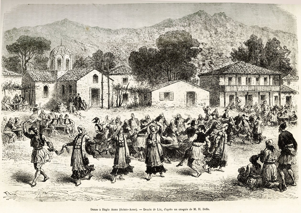 Danza folclórica en la plaza del pueblo Haggia Anna (Santa Ana). Grabado según el dibujo de Lix, para ilustrar el viaje a Grecia, por Henri Belle, en 1861-1868-1874, publicado en “Le tour du monde” 1876, editado por Edouard Charton, edición Hachette, París de Frederic Theodore Lix