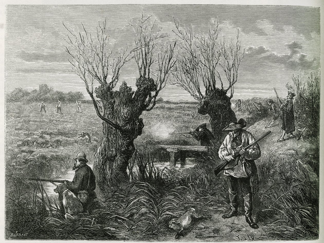 Caza de liebres. Grabado de F. Lix, para ilustrar la historia 