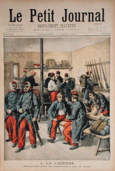 En el cuartel, preparación para maniobras en la nieve, ilustración de Le Petit Journal, 17 de marzo de 1895 de Frederic Theodore Lix