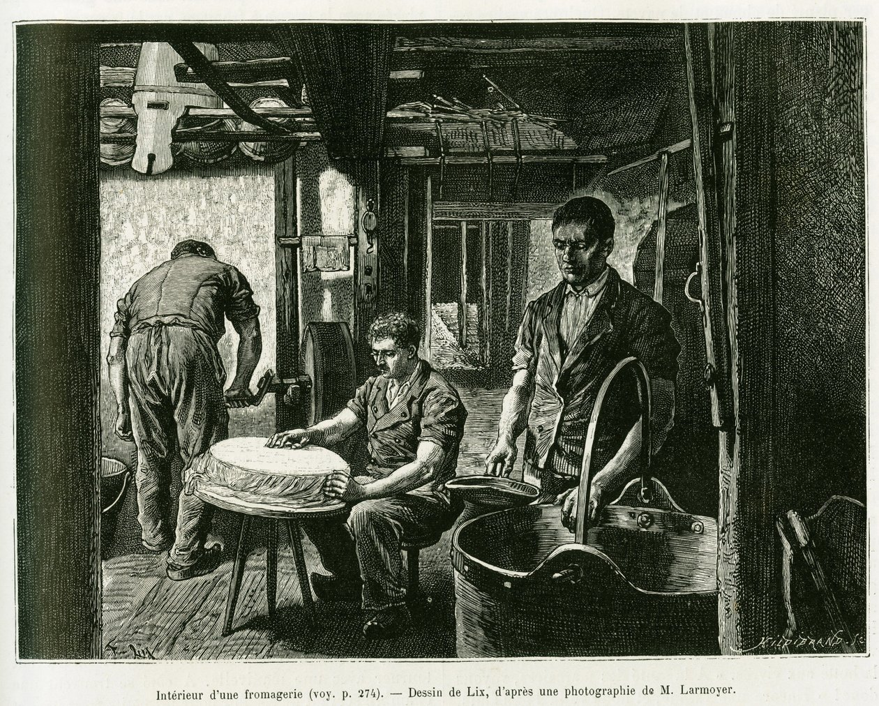 Dentro de una fábrica de quesos. Grabado de Lix, para ilustrar la historia A través de Alsacia y Lorena, de Charles Grad, diputado alemán, en 1885, en Le Tour du Monde 1887, bajo la dirección de Edouard Charton (1807-1890), Hachette, París. de Frederic Theodore Lix