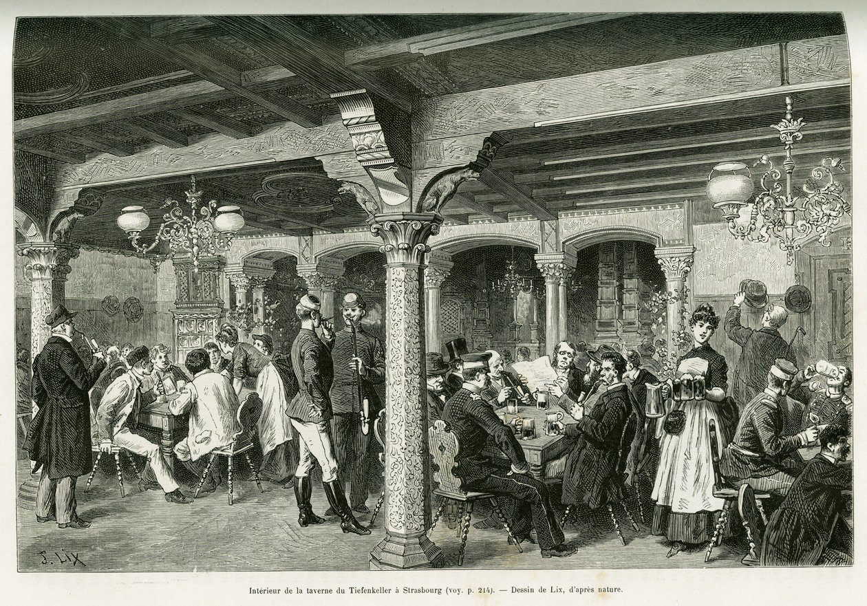 Interior de la taberna Tiefenkeller en Estrasburgo. Grabado de Lix, para ilustrar la historia A través de Alsacia y Lorena, en 1887, de Charles Grad, diputado alemán, en Le Tour du Monde 1888, dirigido por Edouard Charton (1807-1890), Hachette, París. de Frederic Theodore Lix