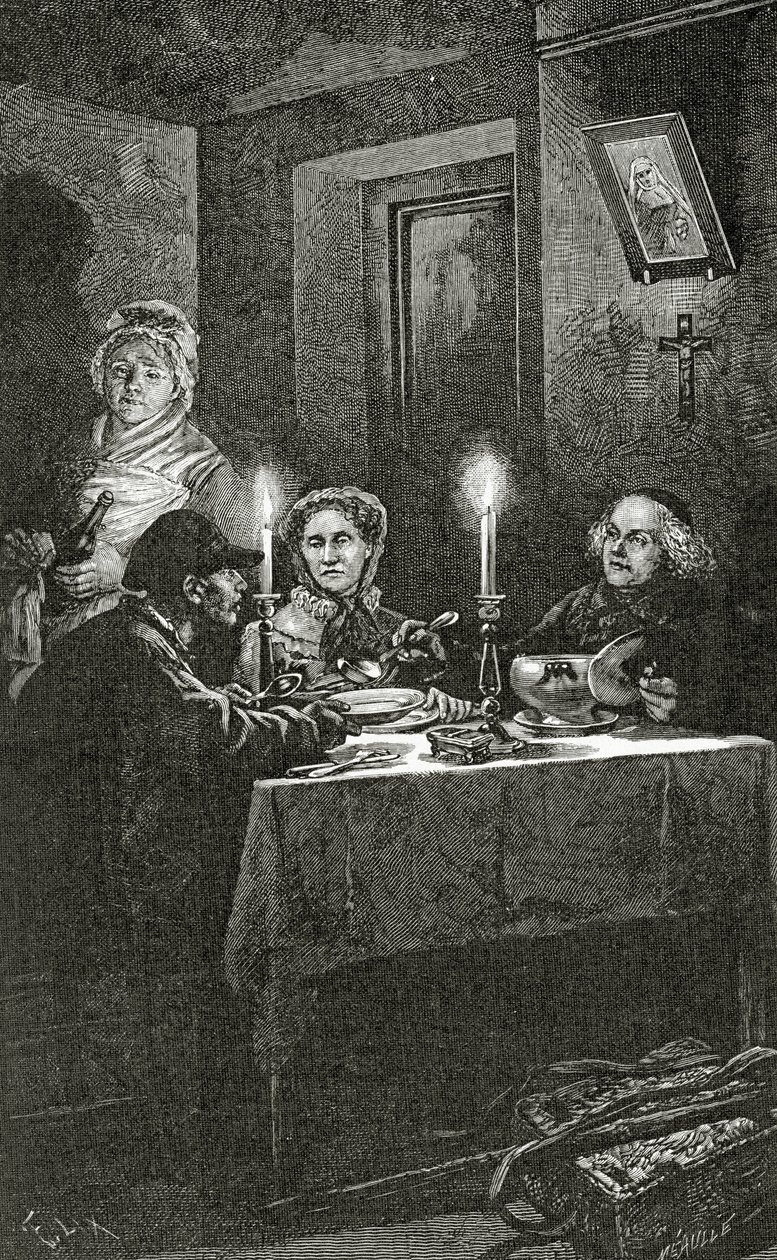 Jean Valjean es recibido y cuidado por el obispo Myriel, siglo XIX de Frederic Theodore Lix