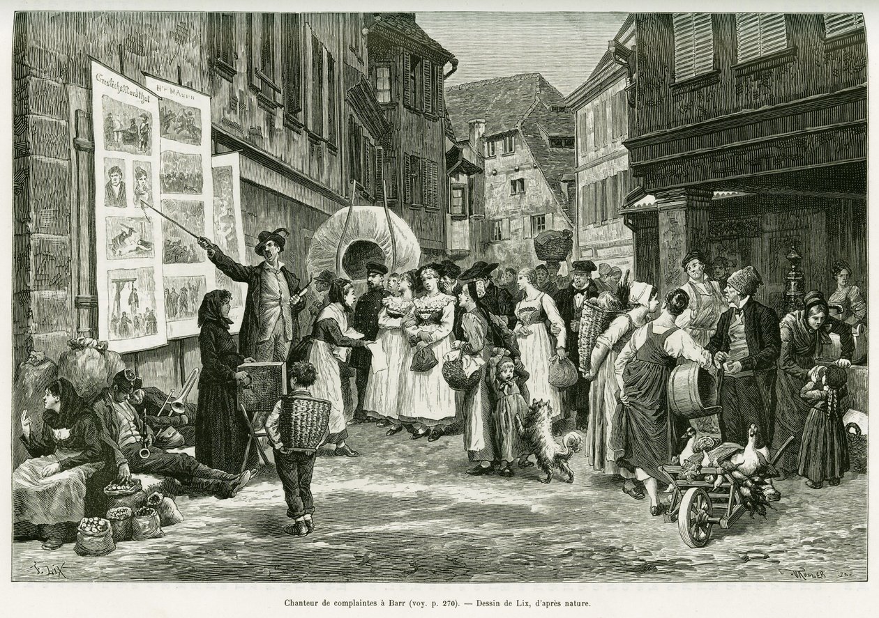 Cantante de lamentos en las calles de Barr. Grabado de Lix, para ilustrar la historia A través de Alsacia y Lorena, en 1887, de Charles Grad, diputado alemán, en Le Tour du Monde 1888, dirigido por Edouard Charton (1807-1890), Hachette, París. de Frederic Theodore Lix