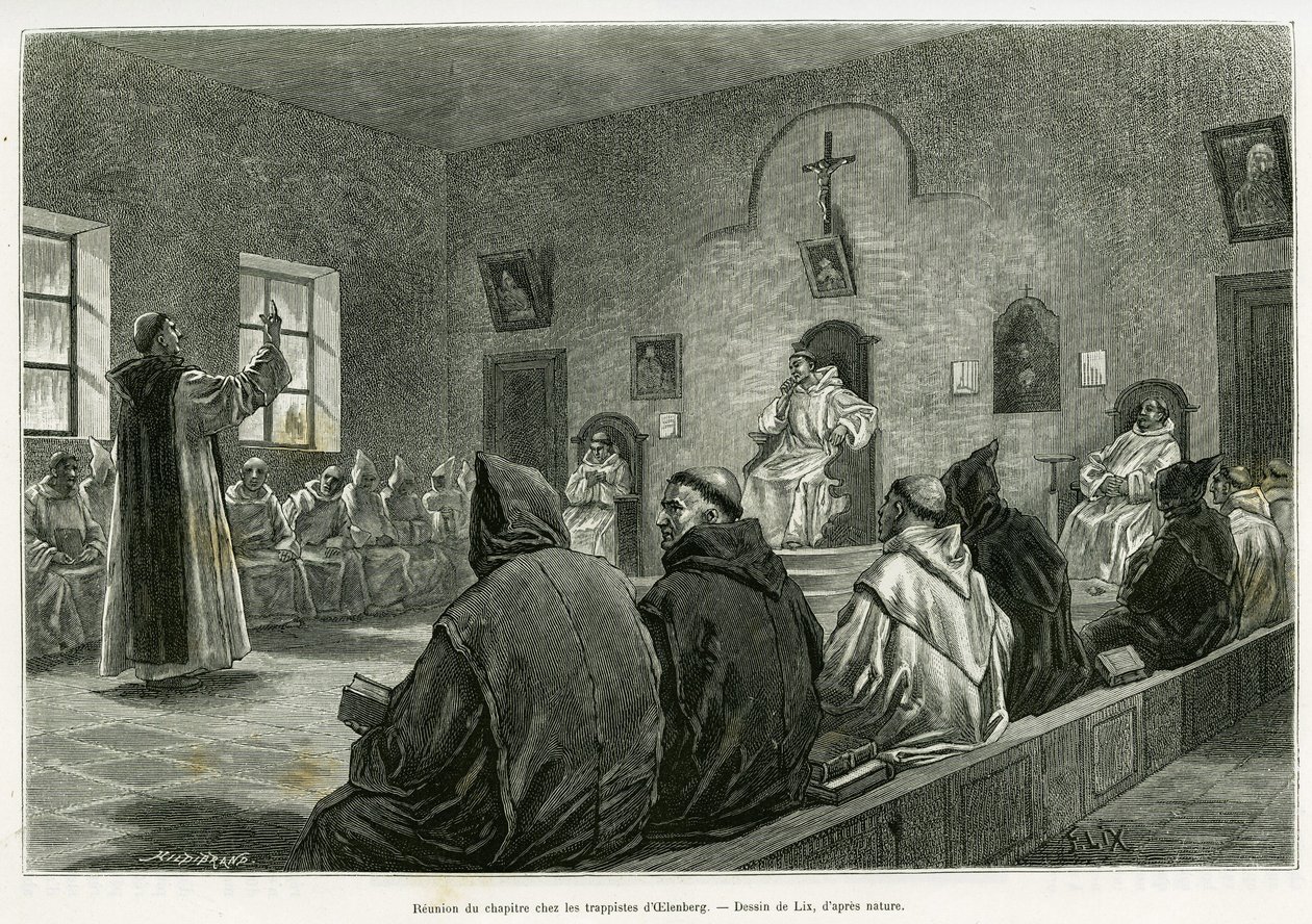Reunión del capítulo entre los trapenses de Oelenberg. Grabado de Lix para ilustrar la historia A través de Alsacia y Lorena, de Charles Grad, diputado alemán, en 1885, en Le Tour du Monde 1887, bajo la dirección de Edouard Charton (1807-1890), Hachette, P de Frederic Theodore Lix