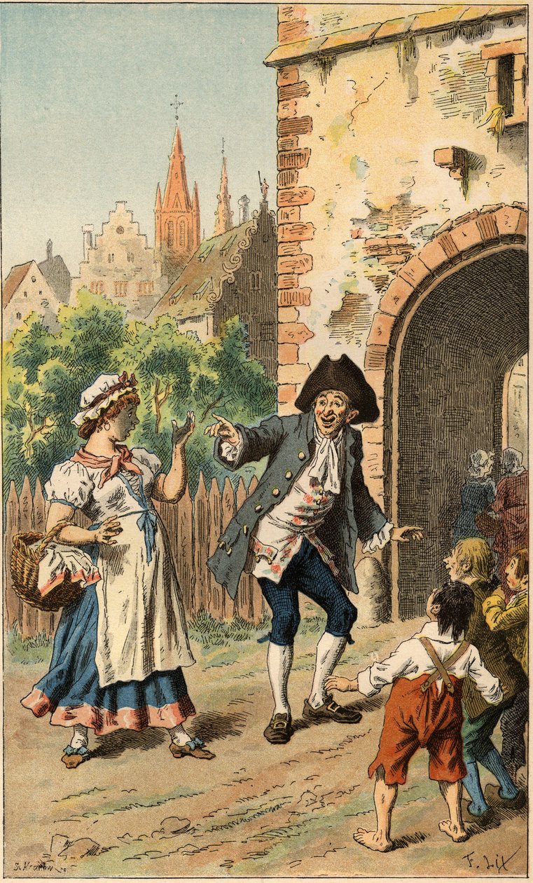 Canción popular: "En París hay una dama". Un hombre se burla de una criada y su cara está cubierta de betún. Ilustración de Frédéric Théodore Lix (1830-1897) en "Chansons et rondes enfantines des provinces de la France" de Frederic Theodore Lix
