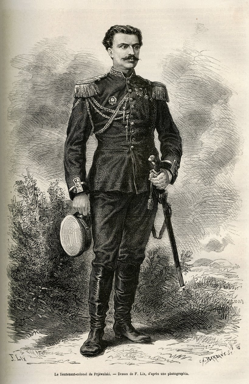 Retrato del viajero y narrador Teniente Coronel de Prjewalski, dibujo de F.Lix para ilustrar el viaje a Mongolia y la tierra de los Tangutes de 1870 a 1873, por el Teniente Coronel de Prjewalski. Grabado en Le tour du monde de Frederic Theodore Lix