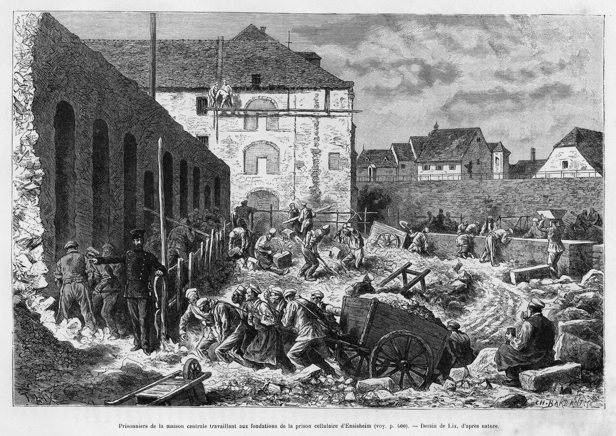 Prisioneros de la casa central trabajando en los cimientos de la prisión de celdas de Ensisheim. Grabado por Lix para ilustrar la historia 