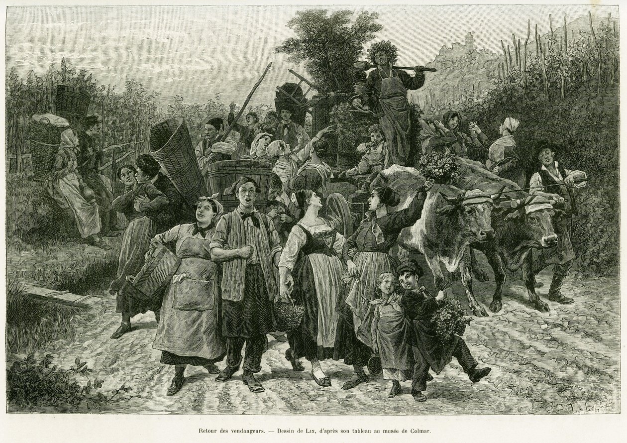 Regreso de la cosecha. Grabado de Lix, para ilustrar la historia A través de Alsacia y Lorena, en 1887, de Charles Grad, diputado alemán, en Le Tour du Monde 1888, dirigido por Edouard Charton (1807-1890), Hachette, París. de Frederic Theodore Lix