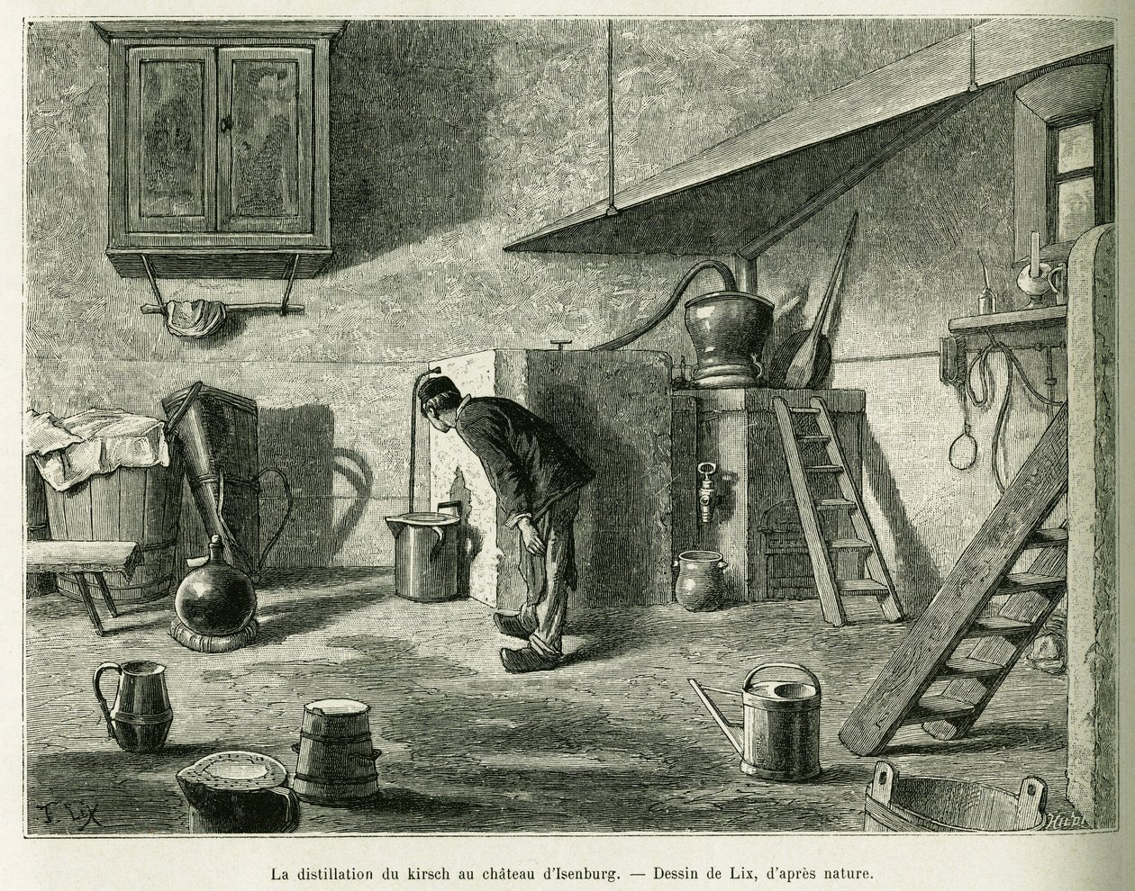 La destilación del kirsch en el castillo de Isenburg. Grabado por Lix, para ilustrar la historia A través de Alsacia y Lorena, en 1887, por Charles Grad, diputado alemán, en le tour du monde 1888, dirigido por Edouard Charton (1807-1890), Hachette, París. de Frederic Theodore Lix