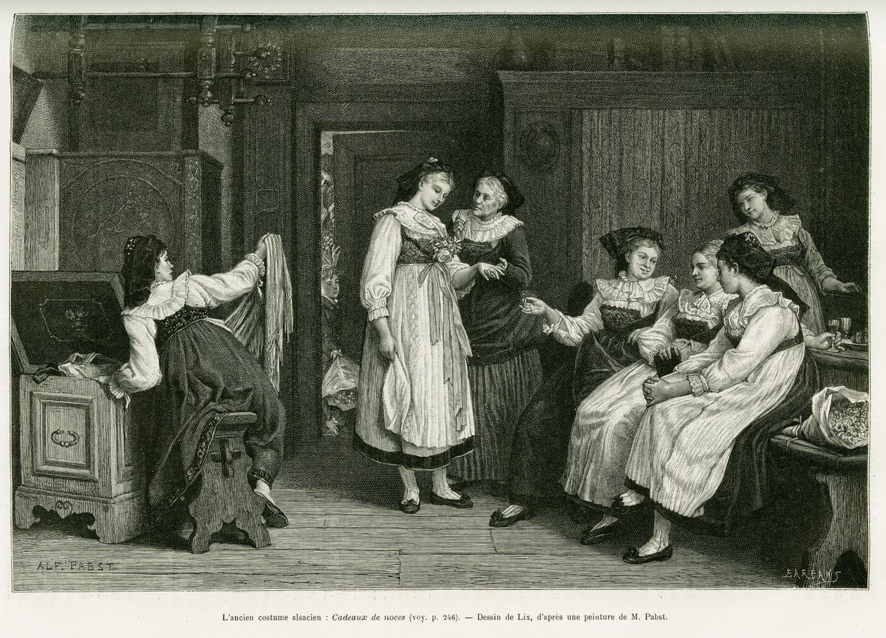 El antiguo traje alsaciano. Grabado por Lix, después de una pintura Presente de Noces por Pabst, para ilustrar la historia A través de Alsacia y Lorena, por Charles Grad, diputado alemán, en 1885, en le tour du monde 1887, bajo la dirección de Edouard Char de Frederic Theodore Lix