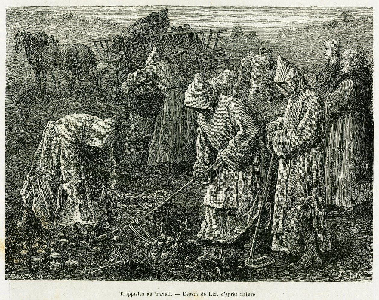 Trapenses trabajando. Grabado por Lix para ilustrar la historia A través de Alsacia y Lorena, por Charles Grad, diputado alemán, en 1885, en le tour du monde 1887, bajo la dirección de Edouard Charton (1807-1890), Hachette, París. de Frederic Theodore Lix